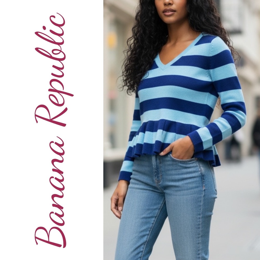 BANANA REPUBLIC Cashmere Wool Blend Striped V-neck Peplum Sweater Preppy, Small